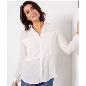 Spanx Washed Silk Paneled Button Down Shirt Blouse Size Small True Ivory